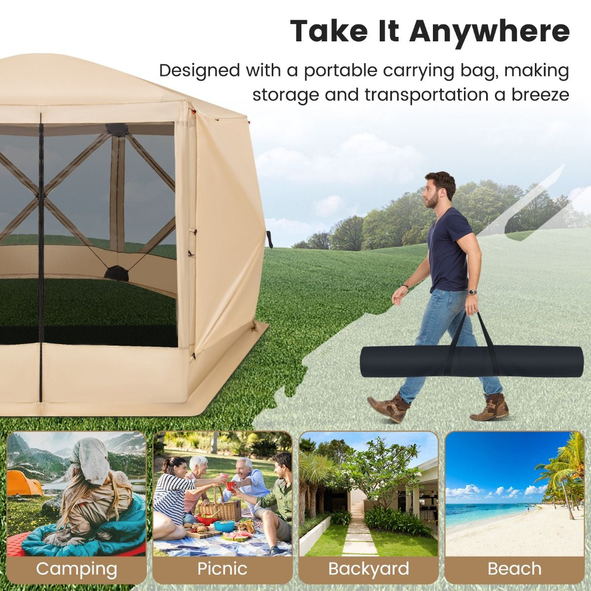 6-Sided Camping Gazebo Instant Setup Hub Tent with Portable Carrying Bag