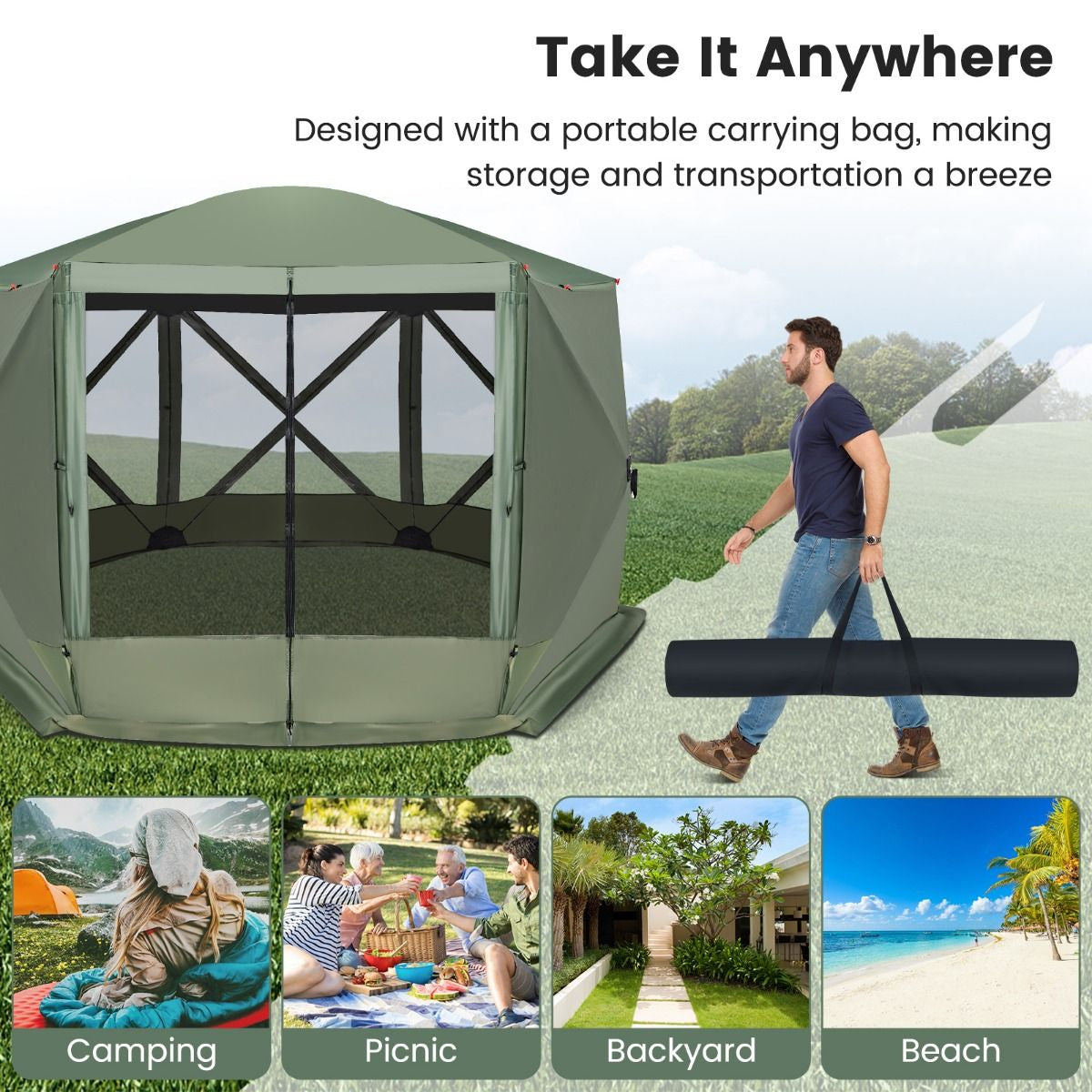 6-Sided Camping Gazebo Instant Setup Hub Tent with Portable Carrying Bag