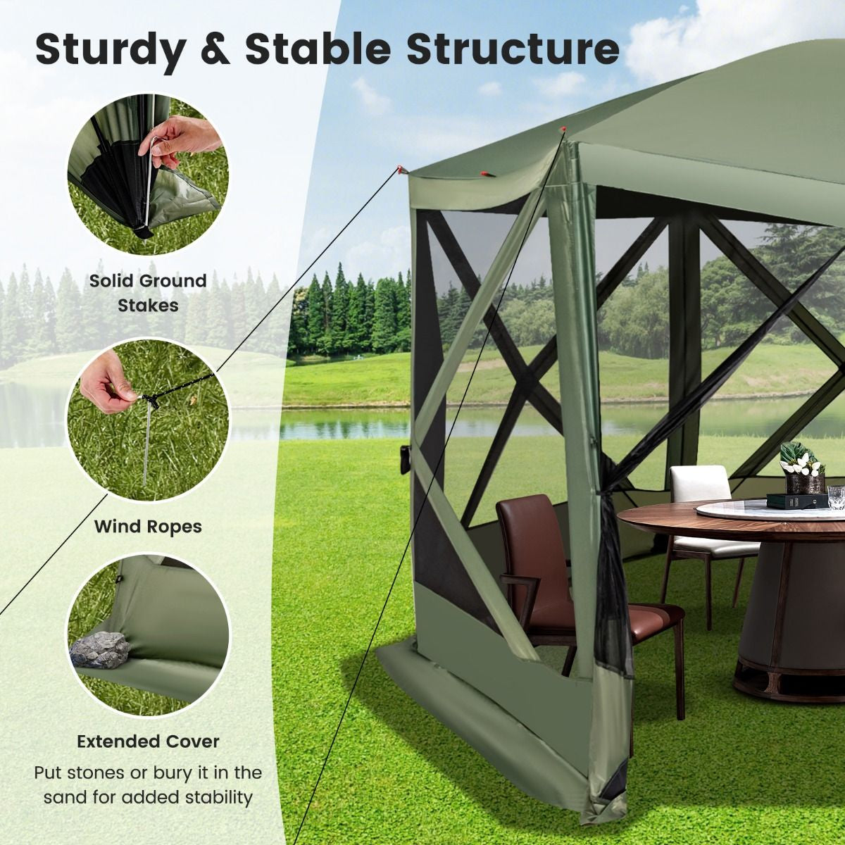 6-Sided Camping Gazebo Instant Setup Hub Tent with Portable Carrying Bag