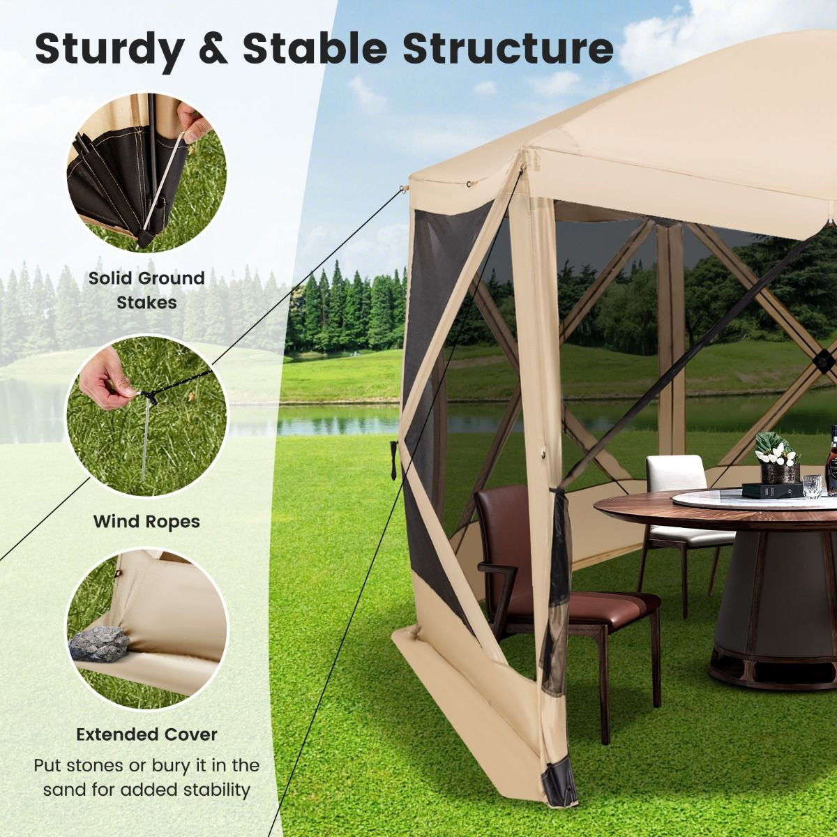 6-Sided Camping Gazebo Instant Setup Hub Tent with Portable Carrying Bag