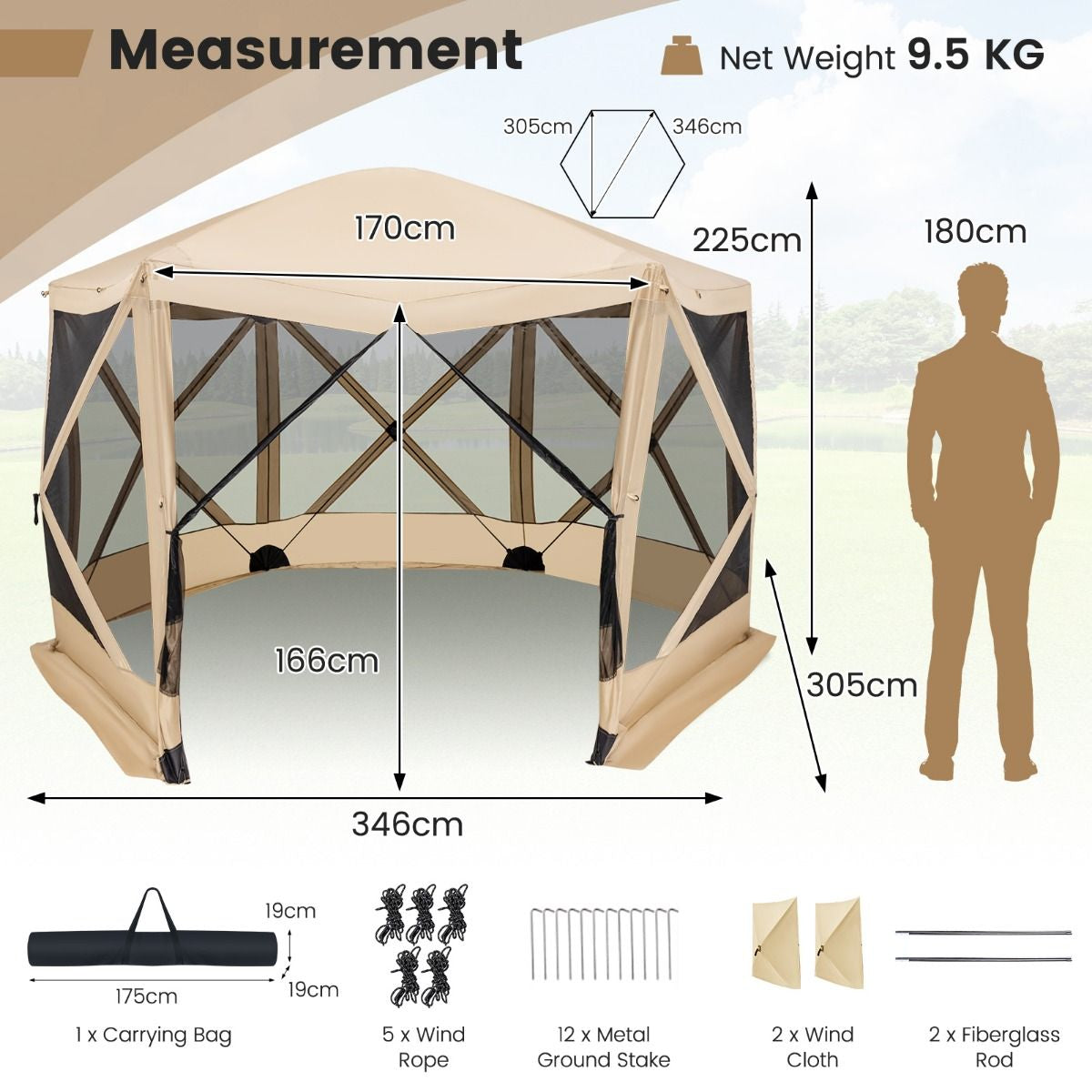 6-Sided Camping Gazebo Instant Setup Hub Tent with Portable Carrying Bag