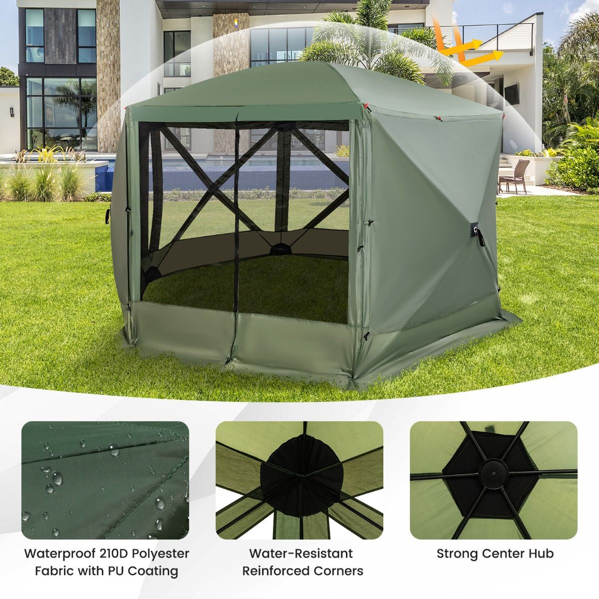 6-Sided Camping Gazebo Instant Setup Hub Tent with Portable Carrying Bag