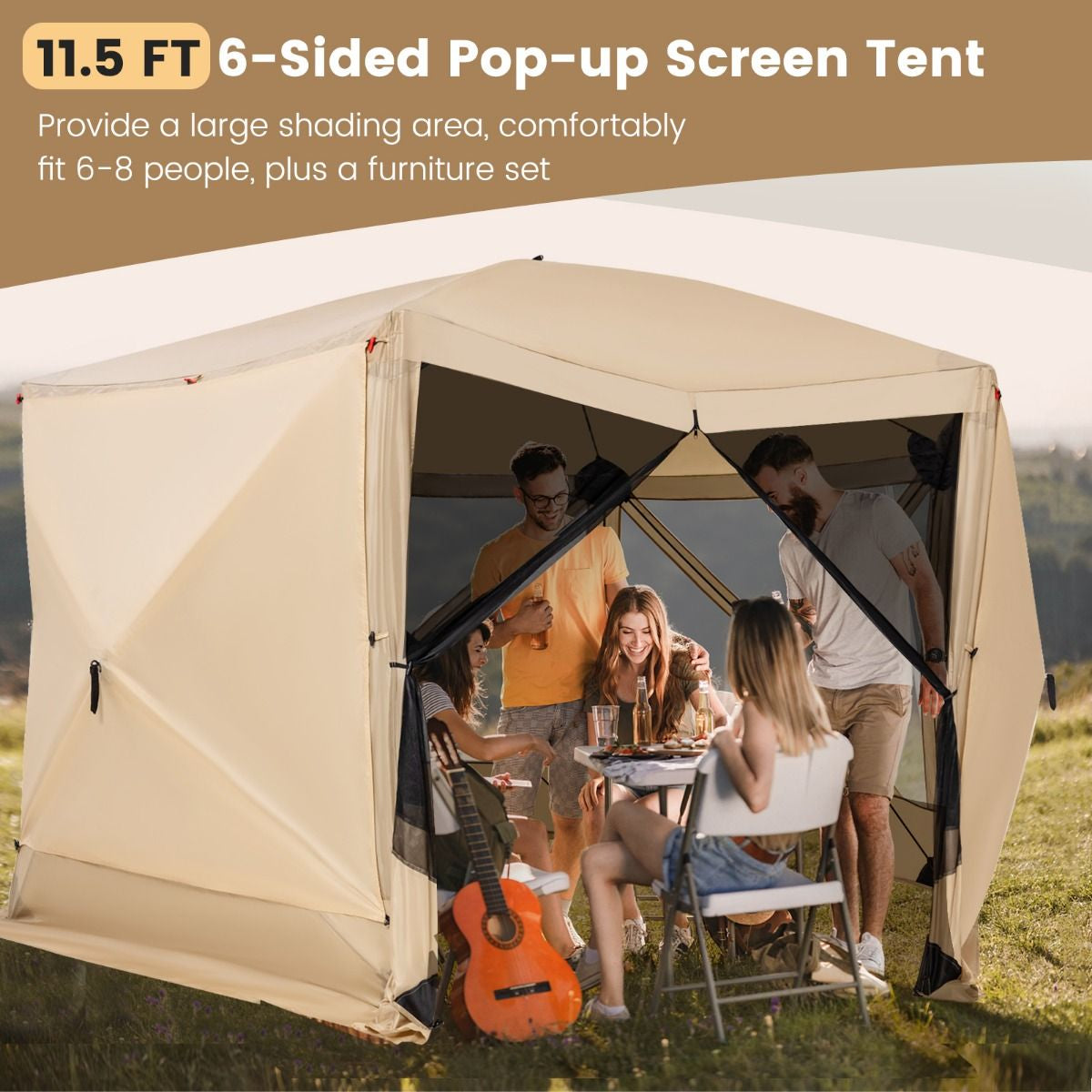 6-Sided Camping Gazebo Instant Setup Hub Tent with Portable Carrying Bag