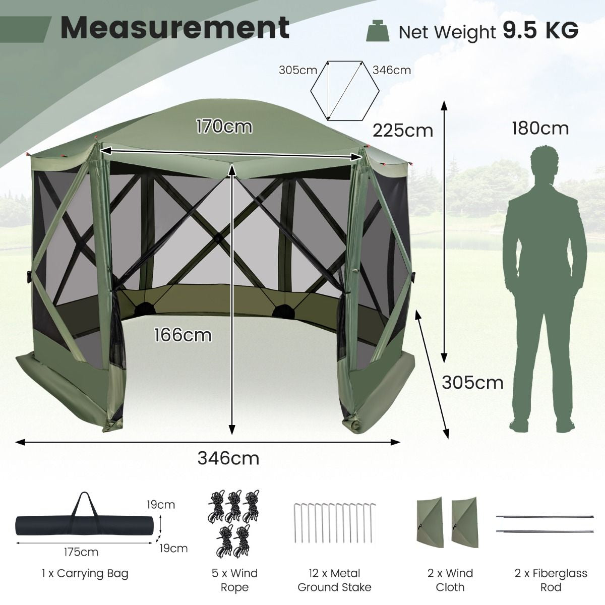 6-Sided Camping Gazebo Instant Setup Hub Tent with Portable Carrying Bag