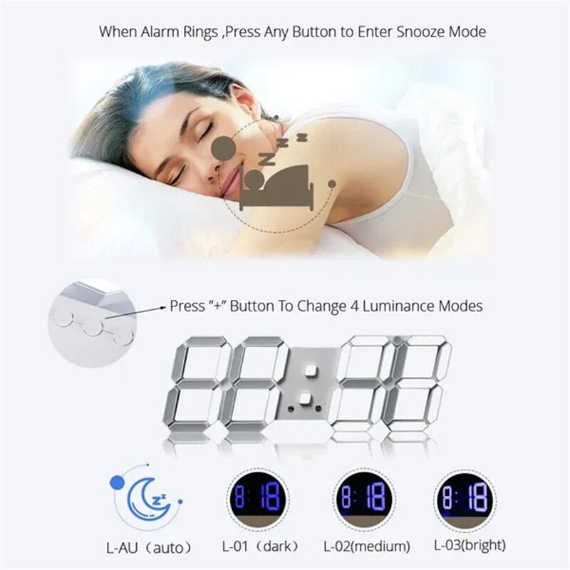 Digital Wall Clock 3D LED Date Time Celsius Nightlight Display Table Desktop Clocks Alarm Clock for Living Room Home Decoration